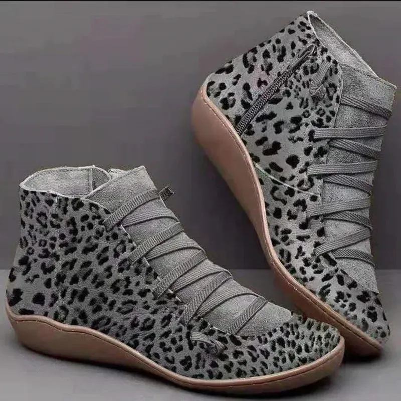 Ankle Boots Casual Women Winter Boots Leopard Print Wedges Flat Booties Warm