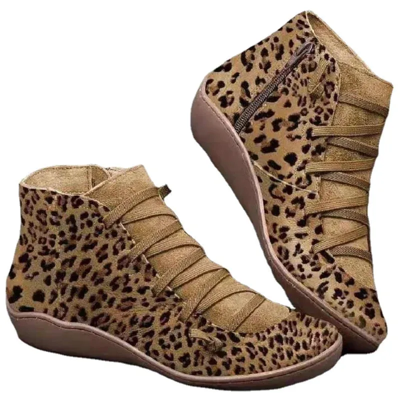 Ankle Boots Casual Women Winter Boots Leopard Print Wedges Flat Booties Warm