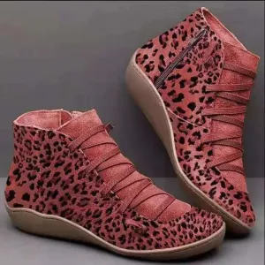 Ankle Boots Casual Women Winter Boots Leopard Print Wedges Flat Booties Warm