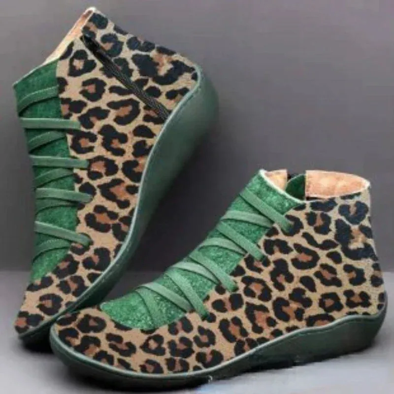 Ankle Boots Casual Women Winter Boots Leopard Print Wedges Flat Booties Warm