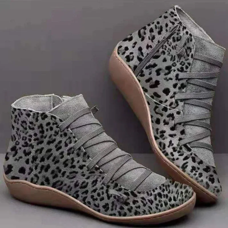 Ankle Boots Casual Women Winter Boots Leopard Print Wedges Flat Booties Warm