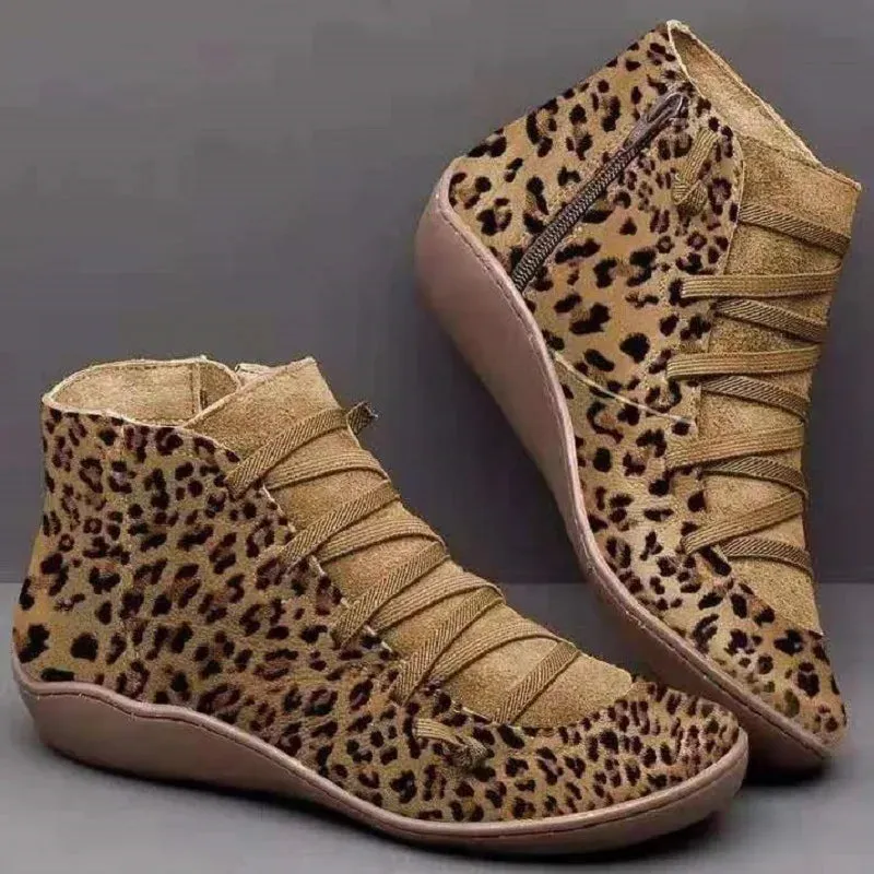 Ankle Boots Casual Women Winter Boots Leopard Print Wedges Flat Booties Warm