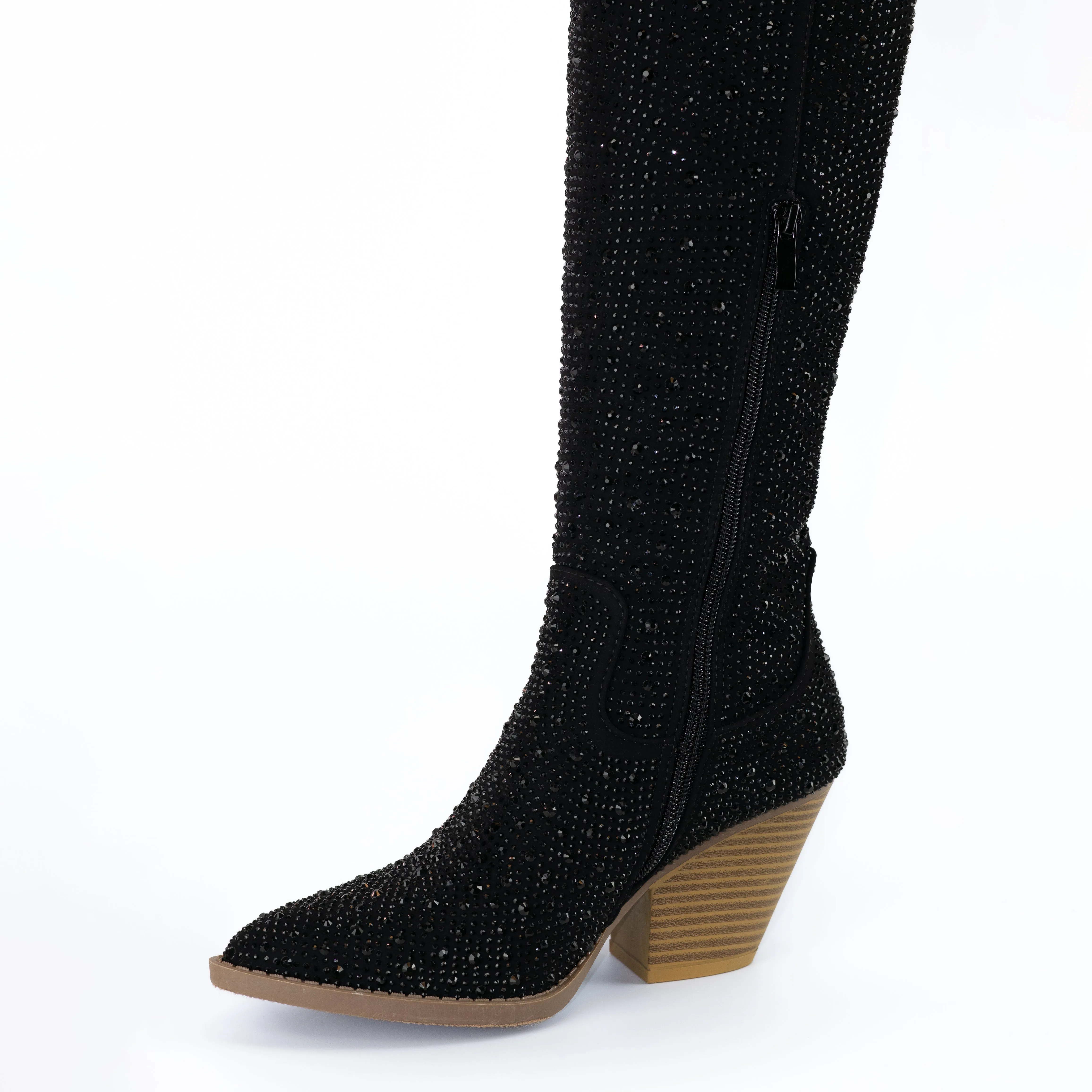 Ariana - Over The Knee Rhinestone Boots, Stacked Heel Design, Glamorous & Bold for Evening Events