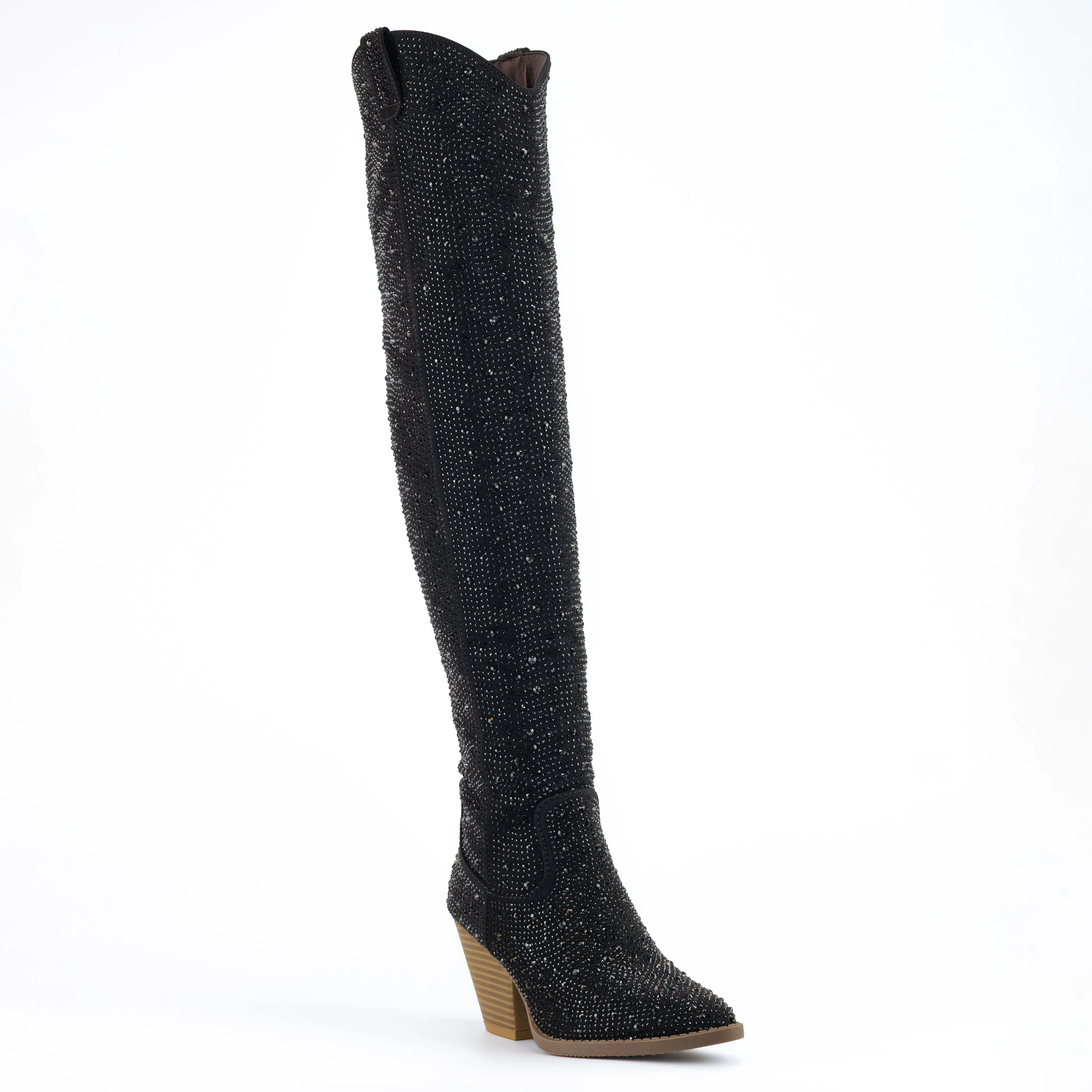 Ariana - Over The Knee Rhinestone Boots, Stacked Heel Design, Glamorous & Bold for Evening Events