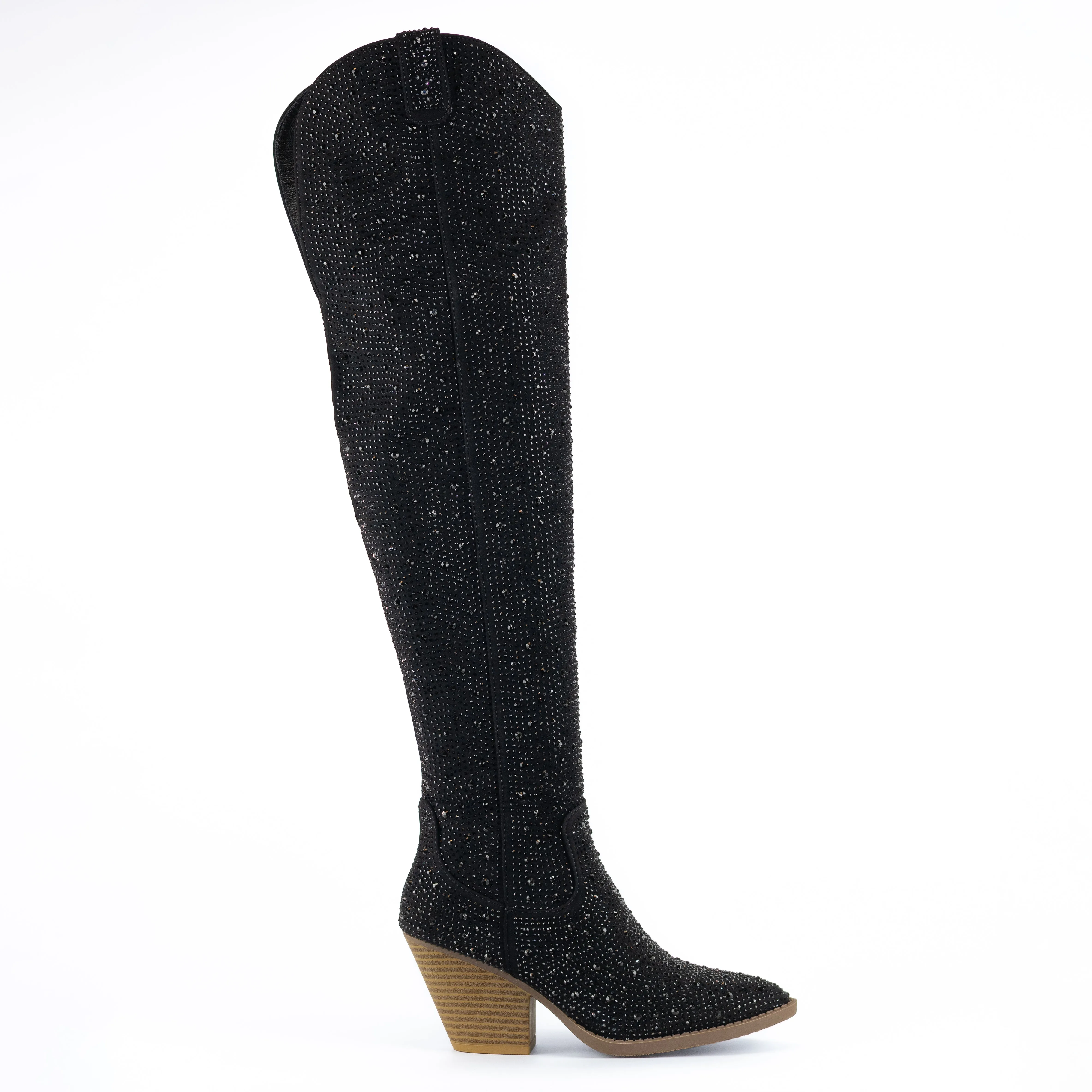 Ariana - Over The Knee Rhinestone Boots, Stacked Heel Design, Glamorous & Bold for Evening Events