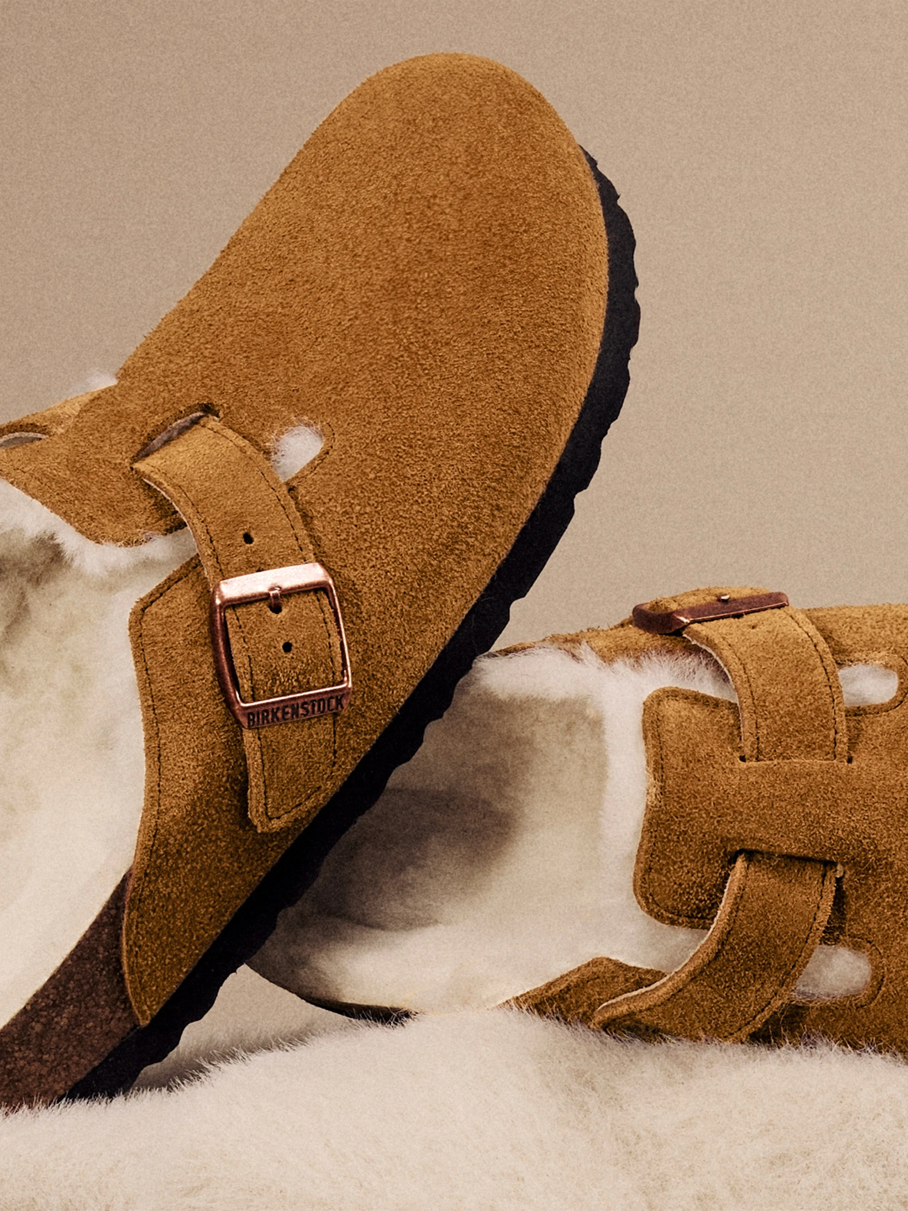 BIRKENSTOCK Boston Shearling Suede Clogs in Brown