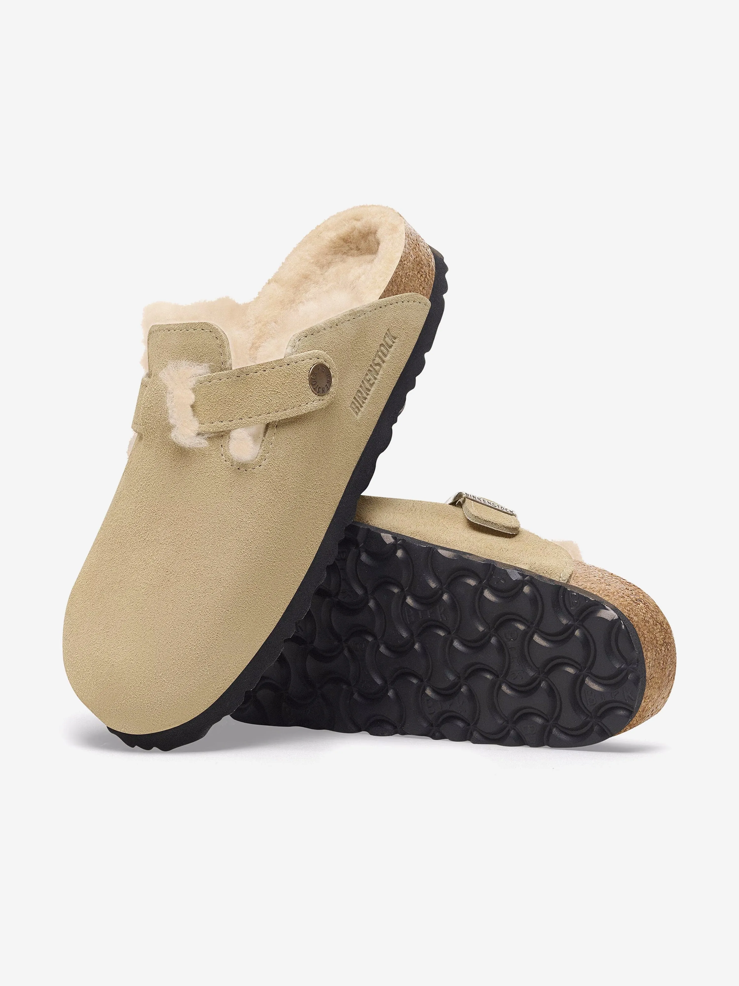 BIRKENSTOCK Kids Boston Shearling Suede Clogs in Beige