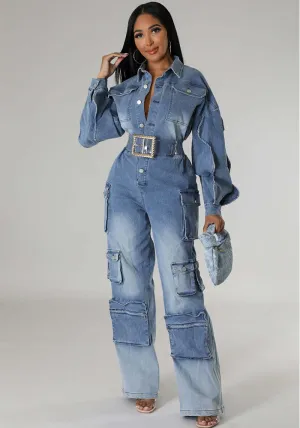 Bold and Functional Belted Cargo Wide-Leg Denim Jumpsuit