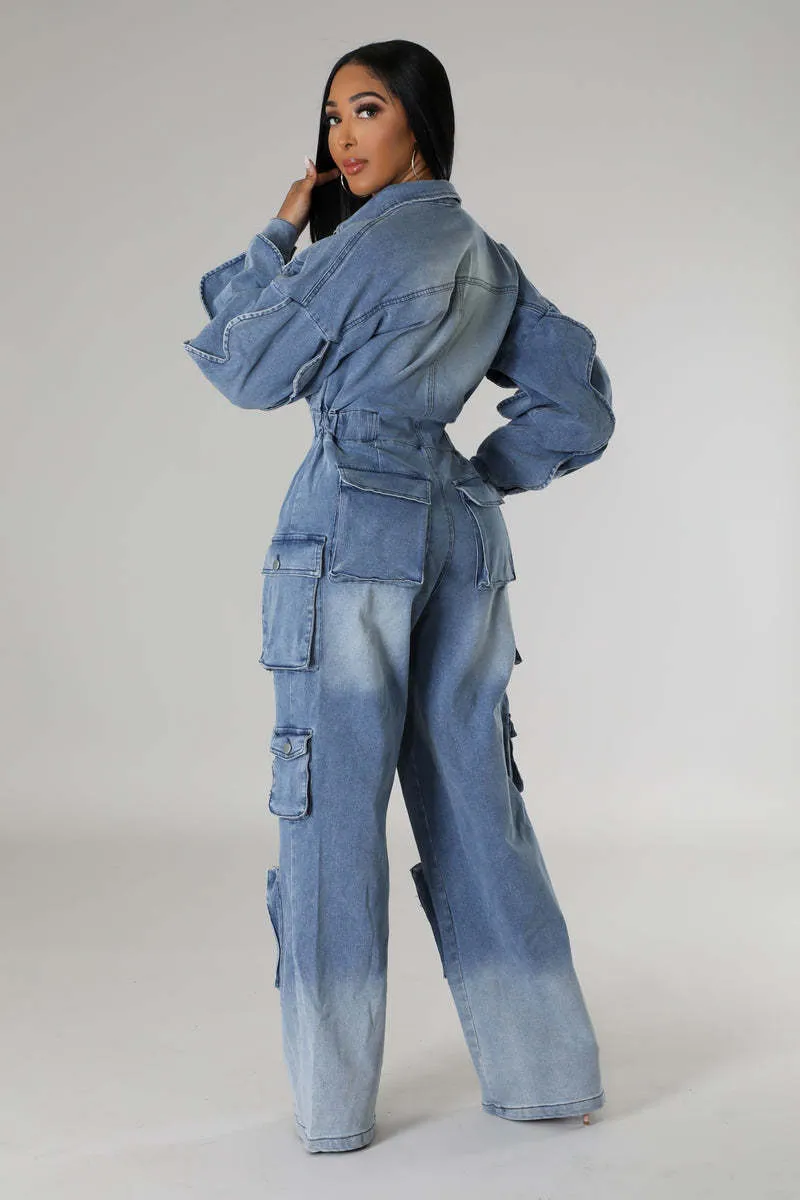 Bold and Functional Belted Cargo Wide-Leg Denim Jumpsuit