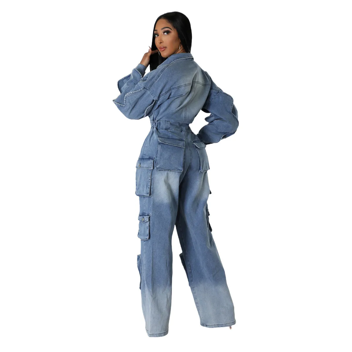 Bold and Functional Belted Cargo Wide-Leg Denim Jumpsuit