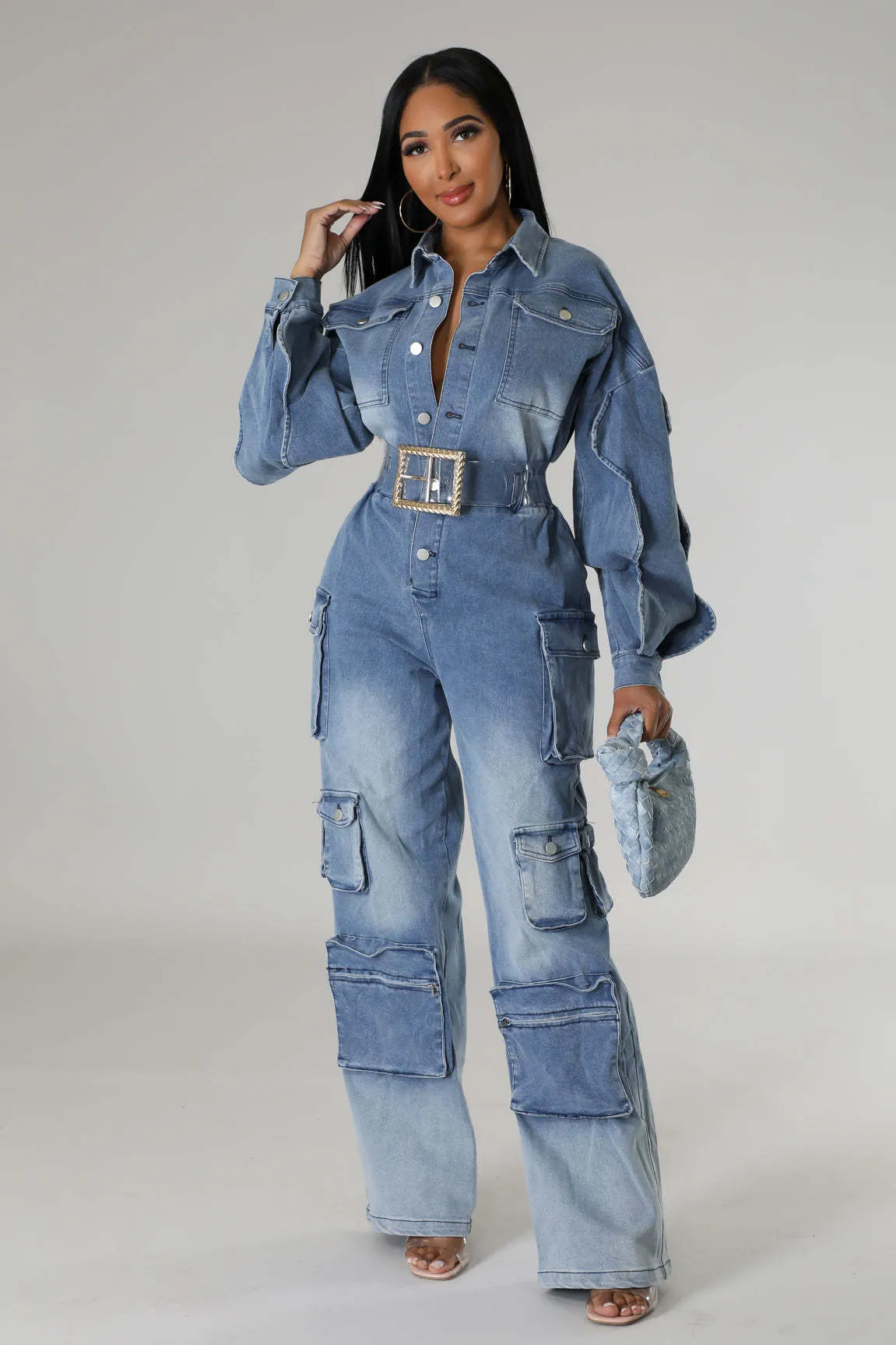 Bold and Functional Belted Cargo Wide-Leg Denim Jumpsuit