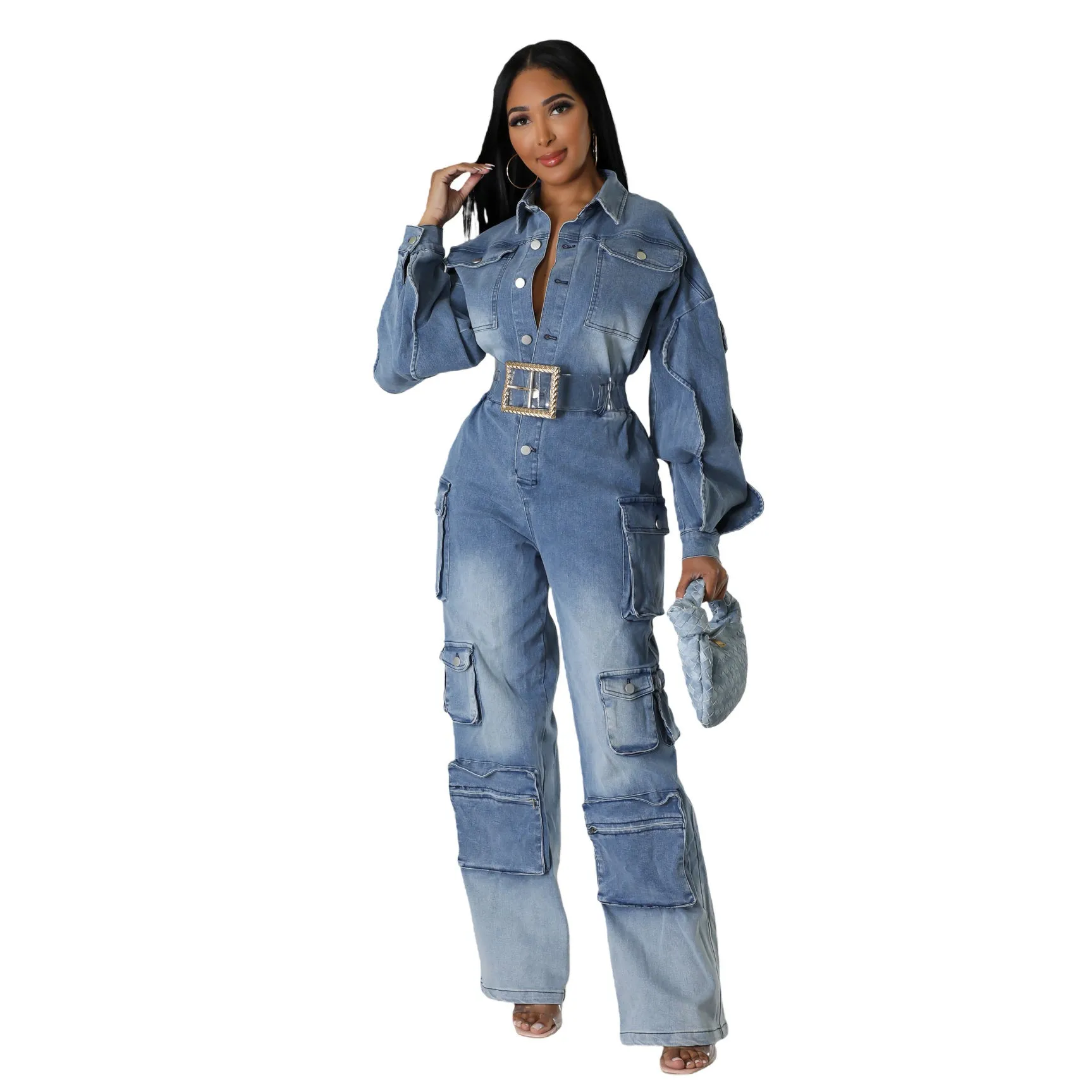 Bold and Functional Belted Cargo Wide-Leg Denim Jumpsuit