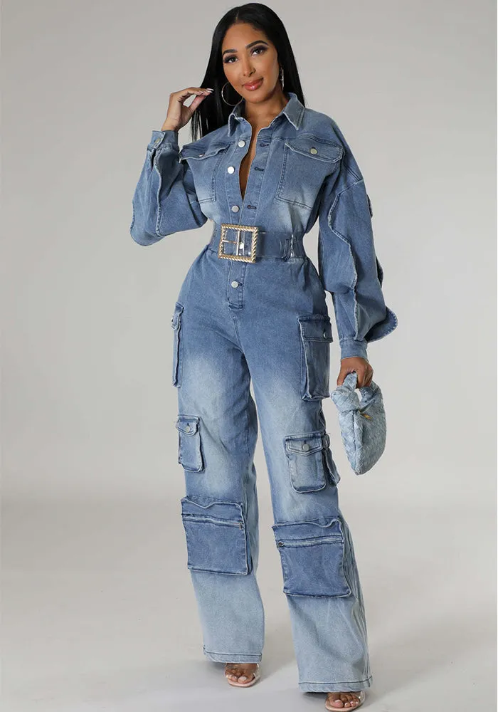 Bold and Functional Belted Cargo Wide-Leg Denim Jumpsuit