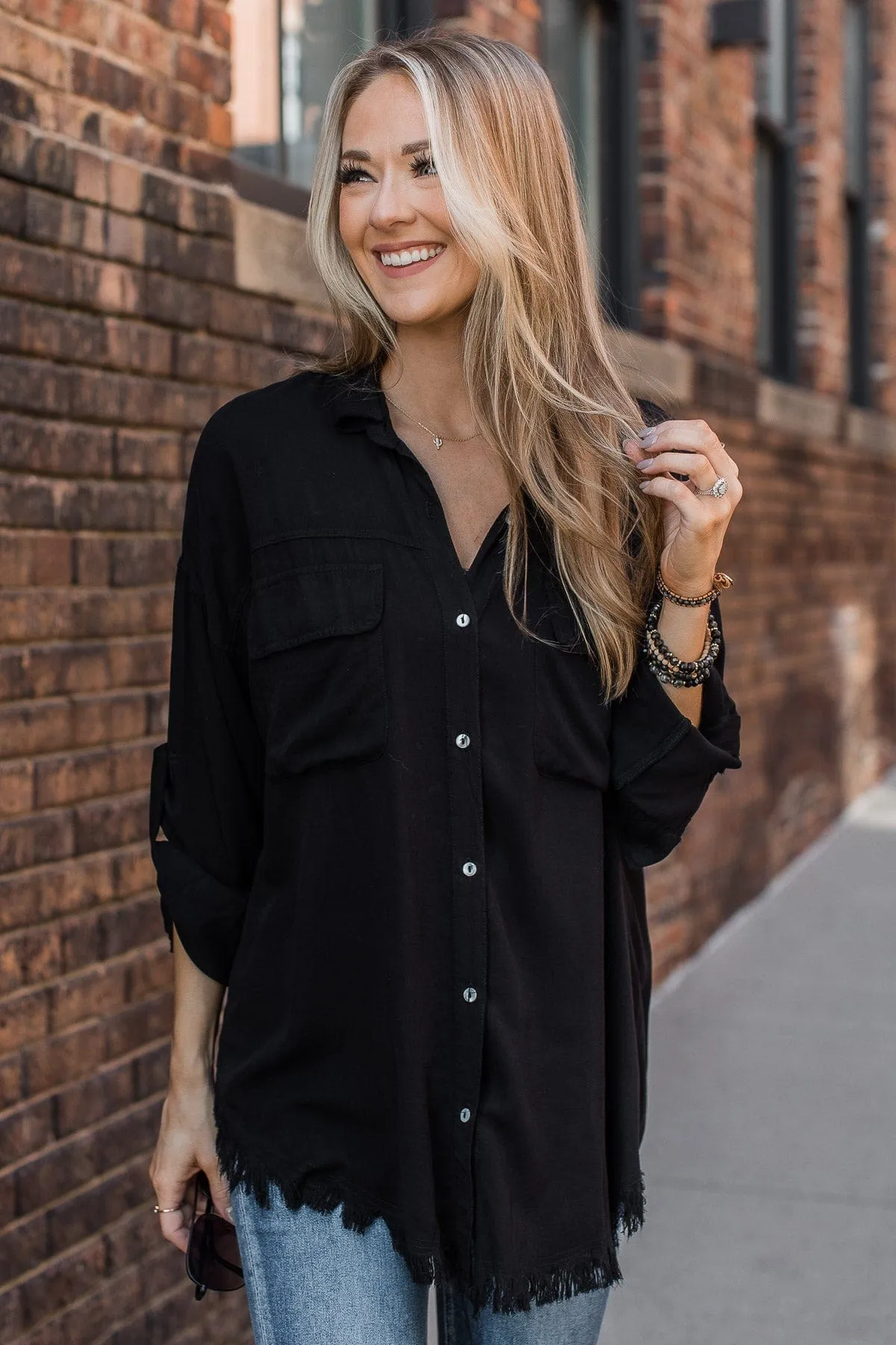 Bold Expressions Frayed Button Top- Black