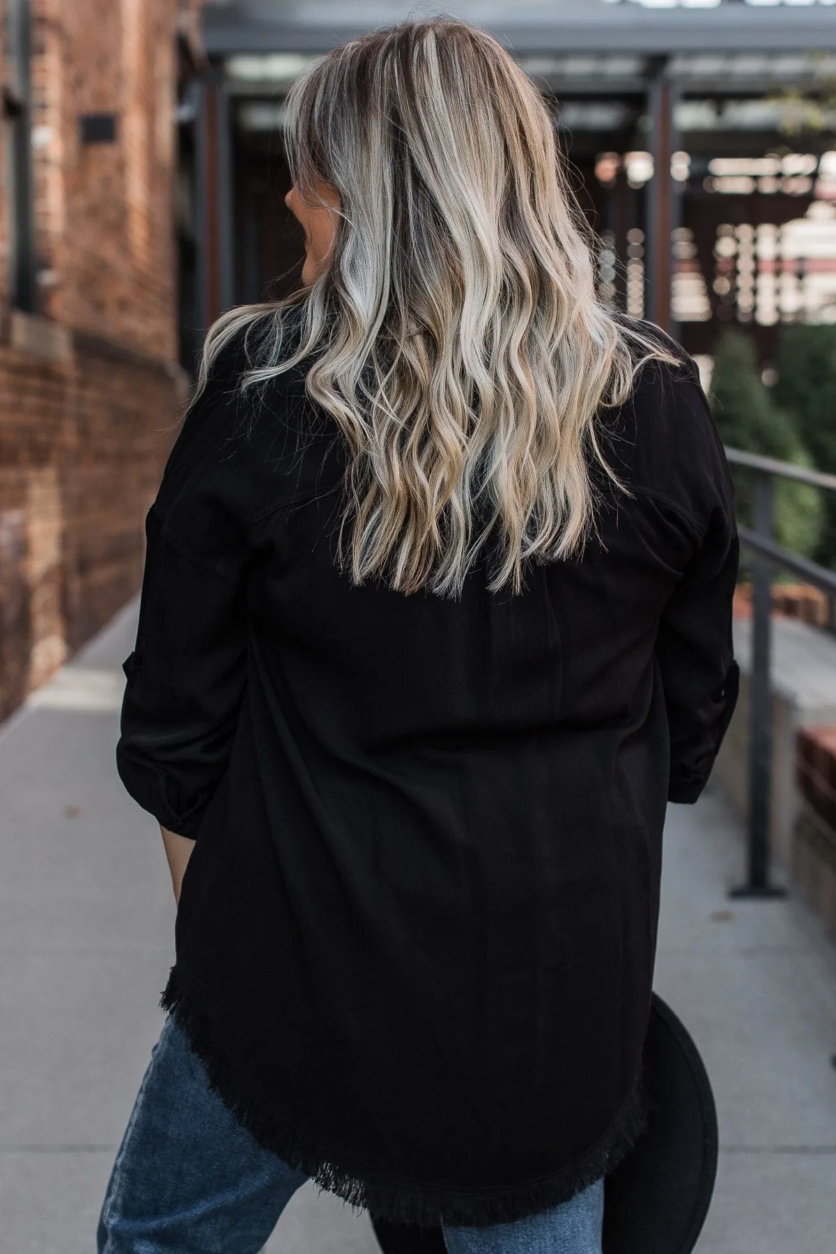 Bold Expressions Frayed Button Top- Black