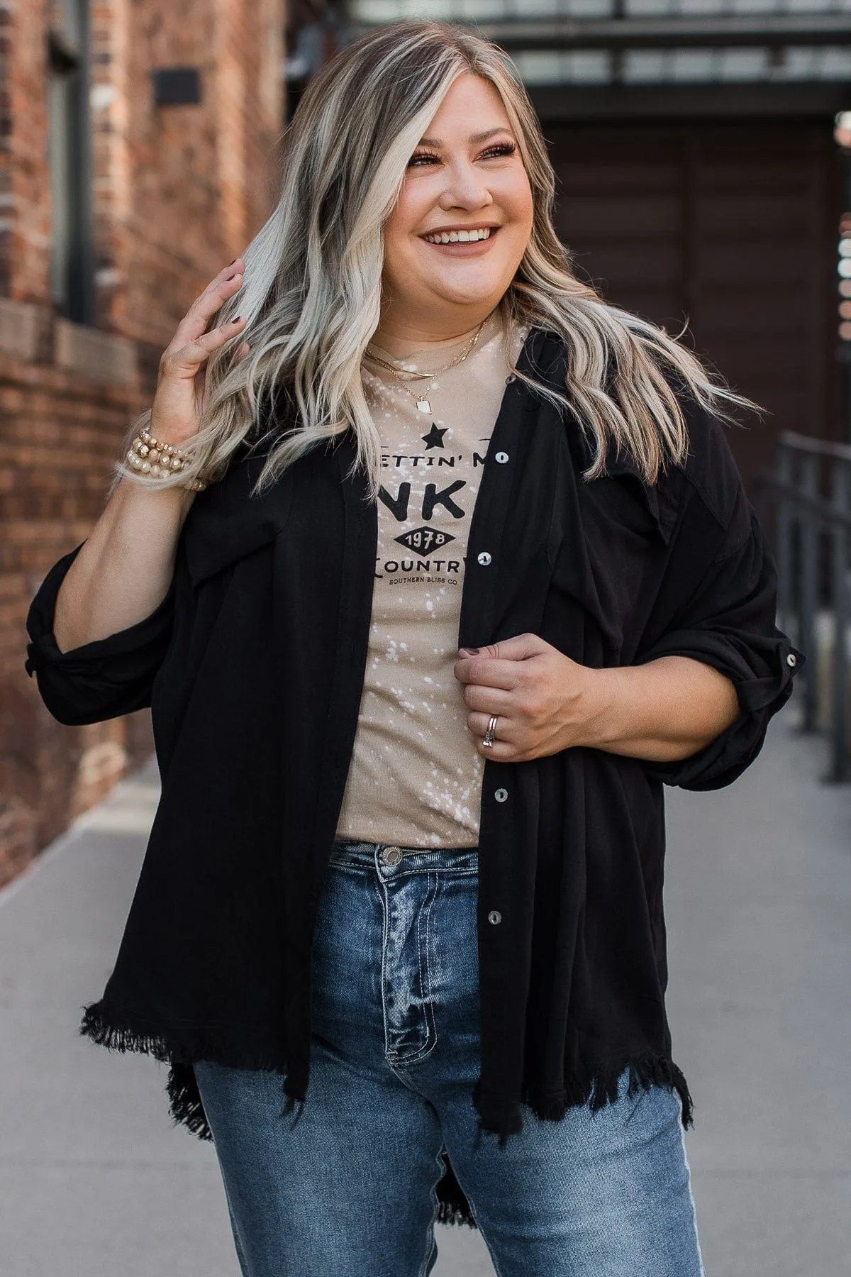 Bold Expressions Frayed Button Top- Black