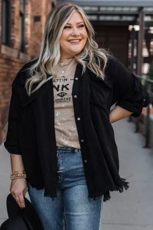Bold Expressions Frayed Button Top- Black