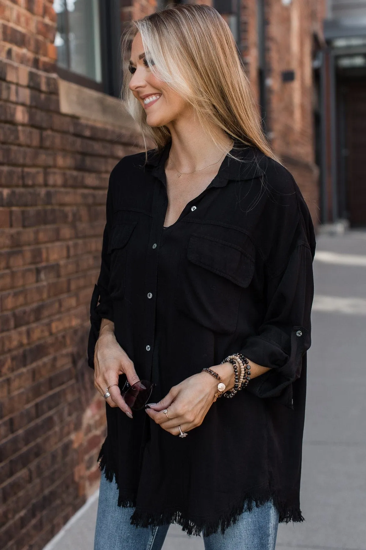 Bold Expressions Frayed Button Top- Black