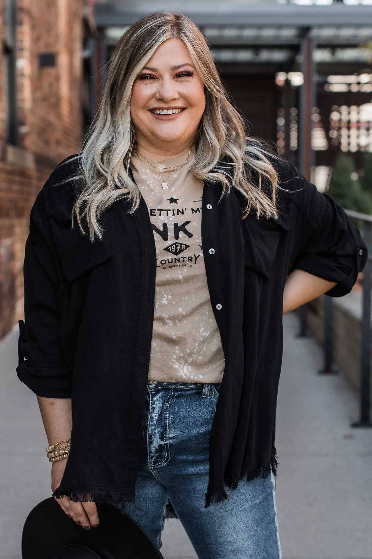 Bold Expressions Frayed Button Top- Black