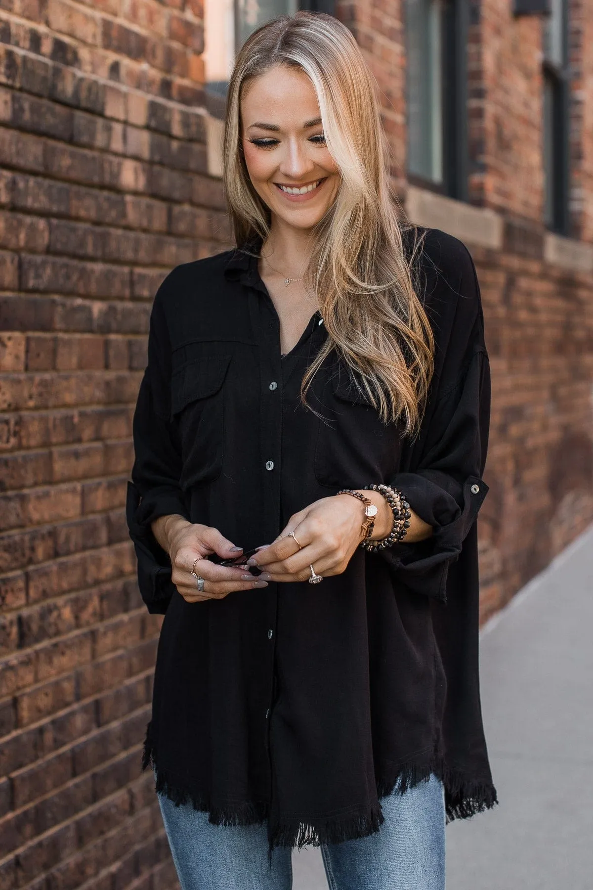 Bold Expressions Frayed Button Top- Black