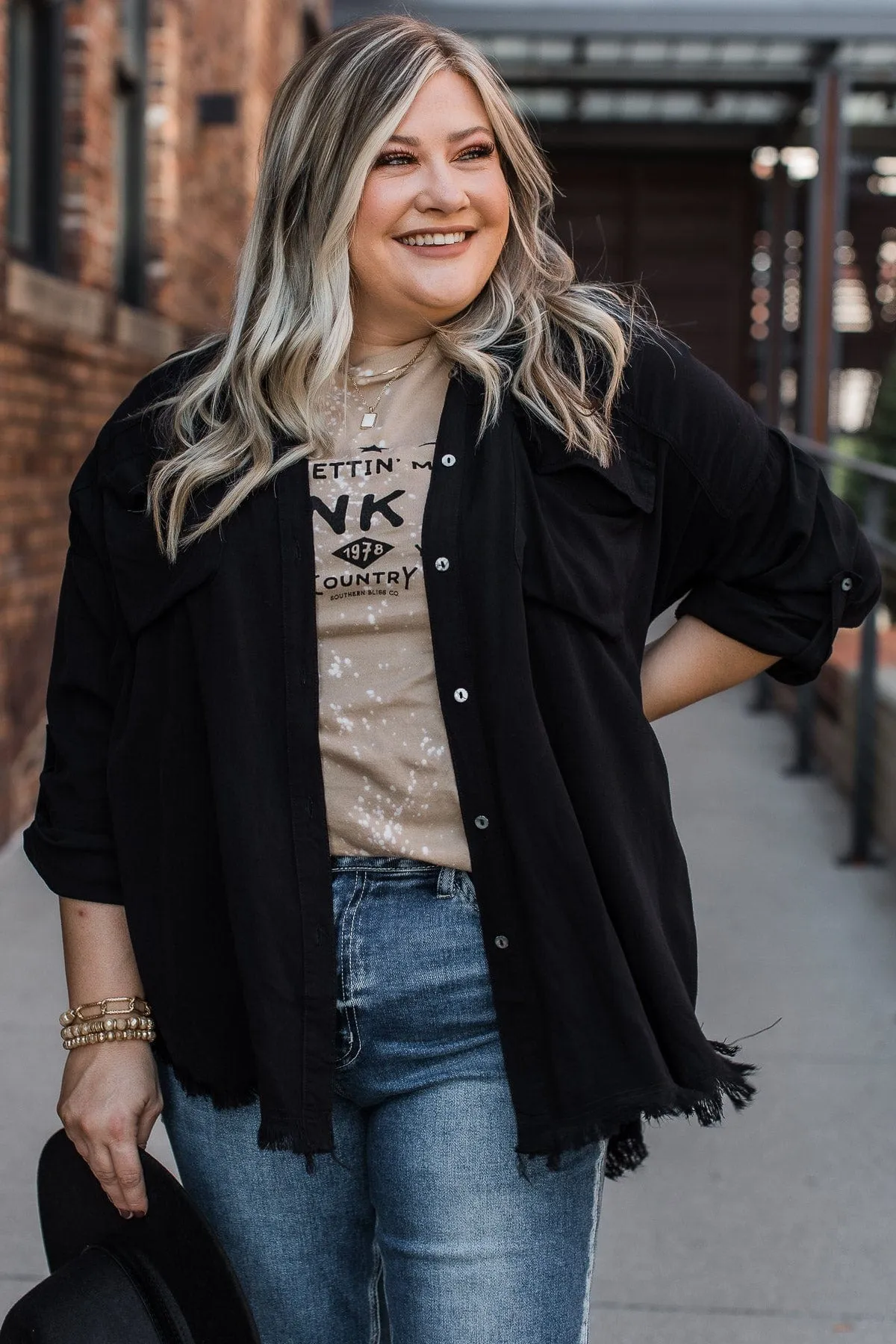 Bold Expressions Frayed Button Top- Black