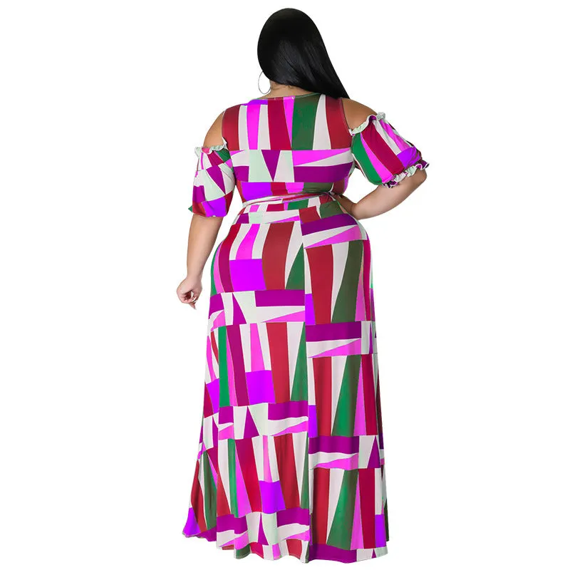 Bold Geometric Print Off-Shoulder Wrap Top and High-Slit Maxi Skirt Set
