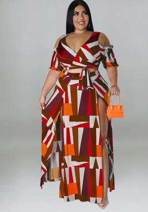 Bold Geometric Print Off-Shoulder Wrap Top and High-Slit Maxi Skirt Set