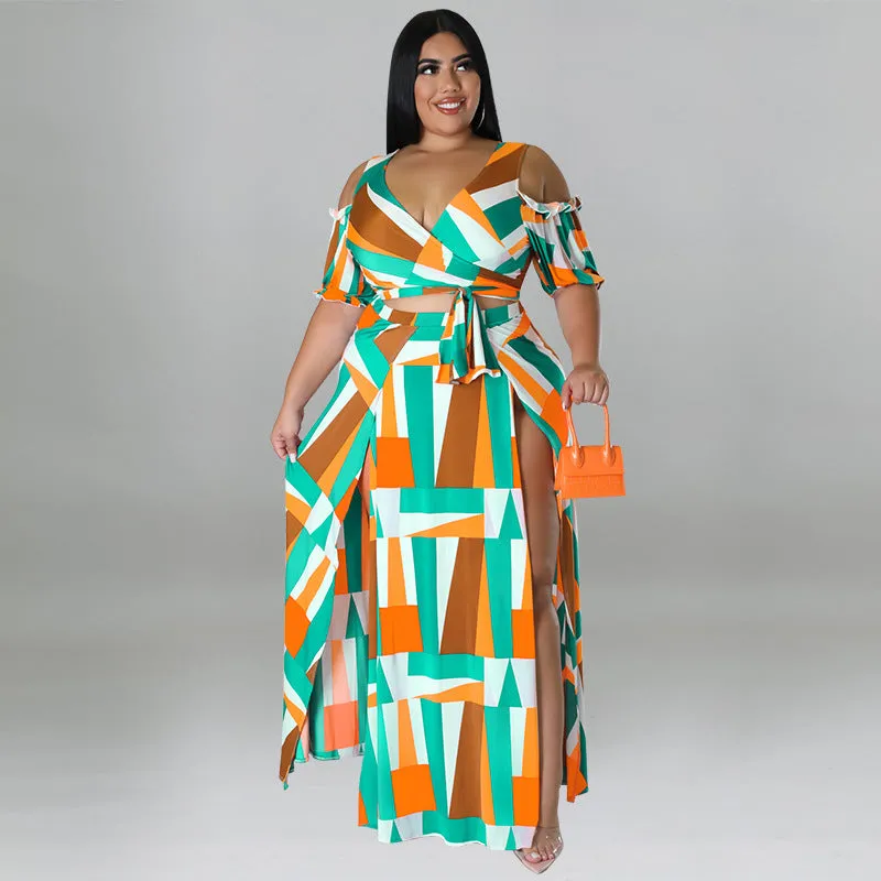 Bold Geometric Print Off-Shoulder Wrap Top and High-Slit Maxi Skirt Set