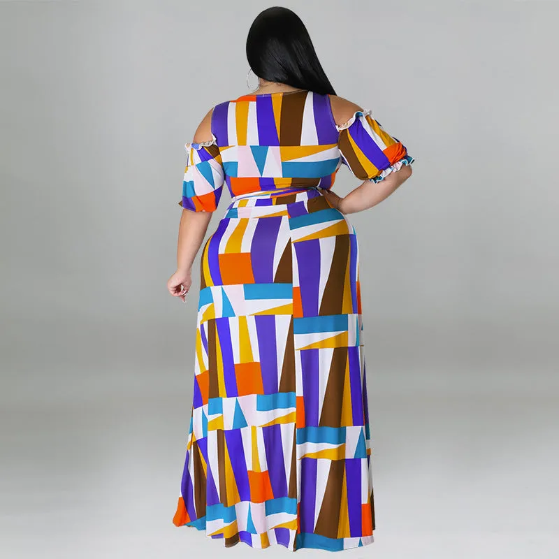 Bold Geometric Print Off-Shoulder Wrap Top and High-Slit Maxi Skirt Set