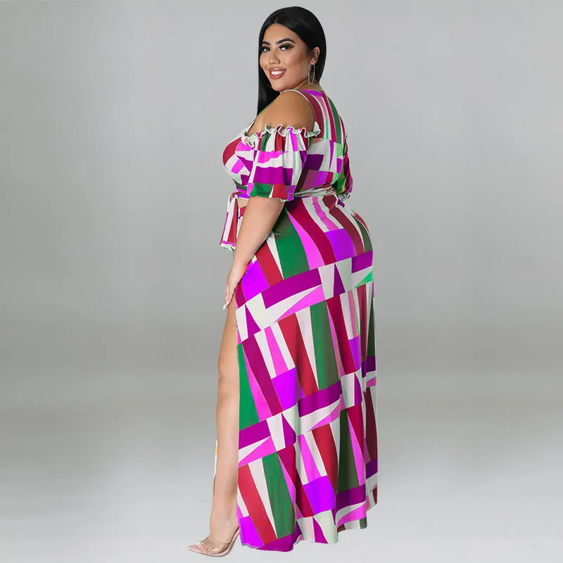 Bold Geometric Print Off-Shoulder Wrap Top and High-Slit Maxi Skirt Set