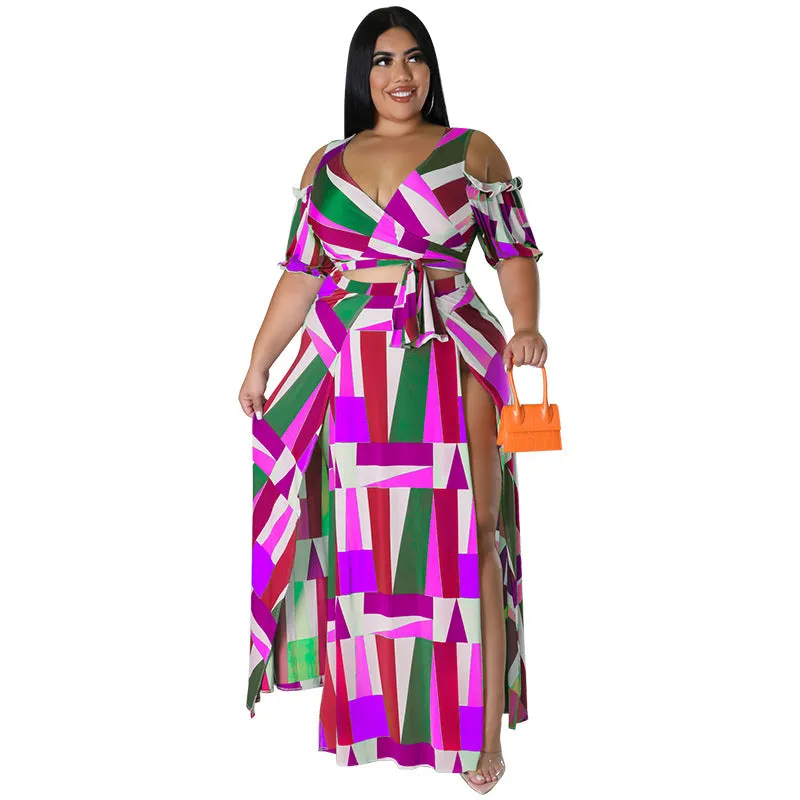 Bold Geometric Print Off-Shoulder Wrap Top and High-Slit Maxi Skirt Set