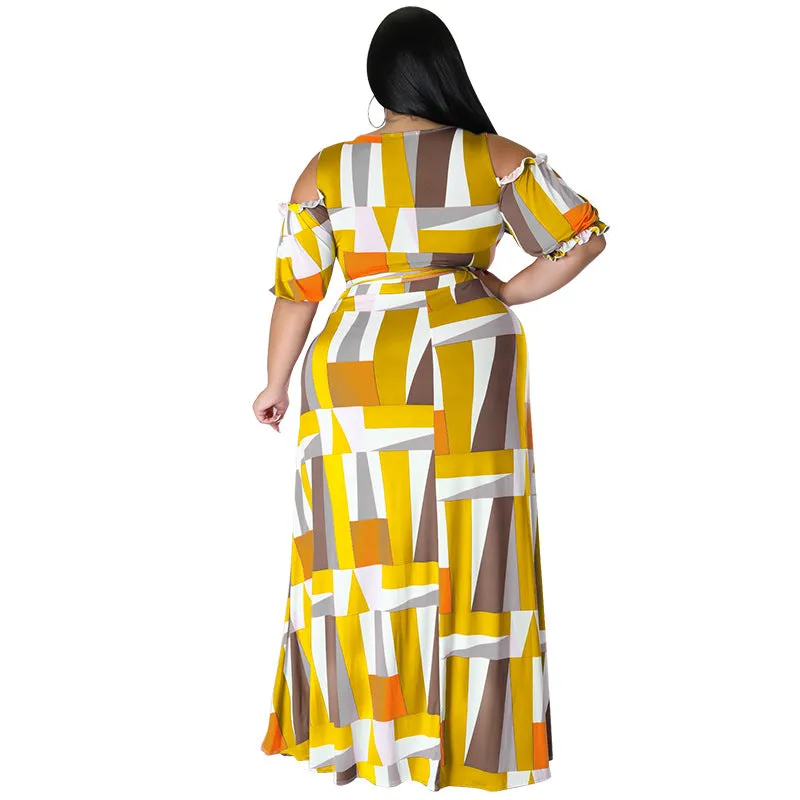 Bold Geometric Print Off-Shoulder Wrap Top and High-Slit Maxi Skirt Set