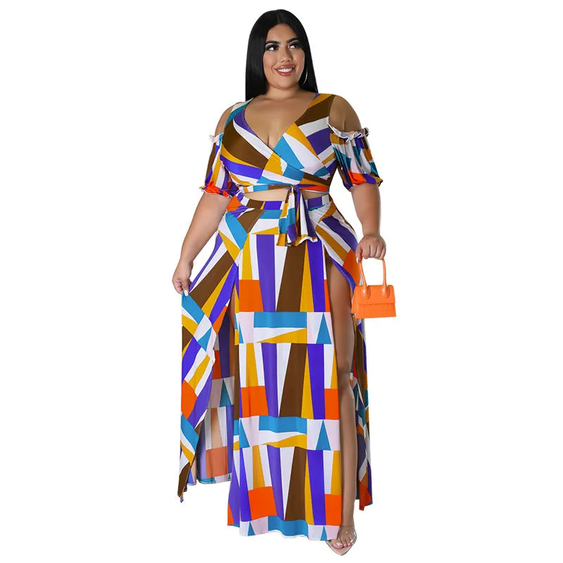 Bold Geometric Print Off-Shoulder Wrap Top and High-Slit Maxi Skirt Set