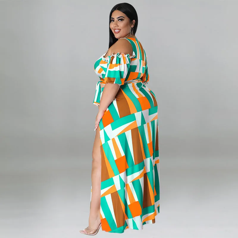 Bold Geometric Print Off-Shoulder Wrap Top and High-Slit Maxi Skirt Set