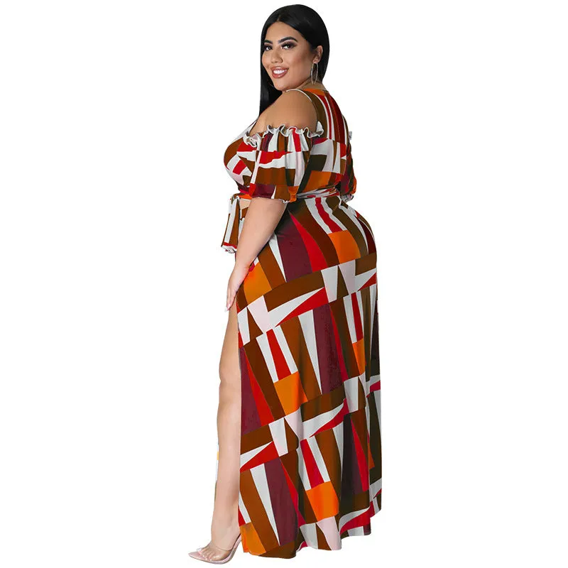 Bold Geometric Print Off-Shoulder Wrap Top and High-Slit Maxi Skirt Set