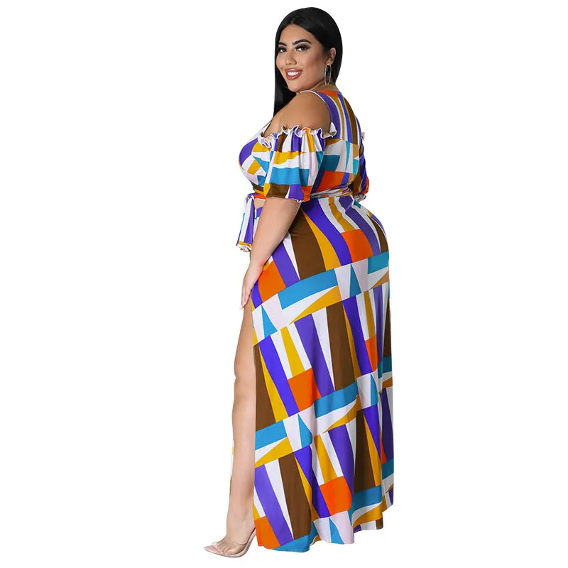 Bold Geometric Print Off-Shoulder Wrap Top and High-Slit Maxi Skirt Set
