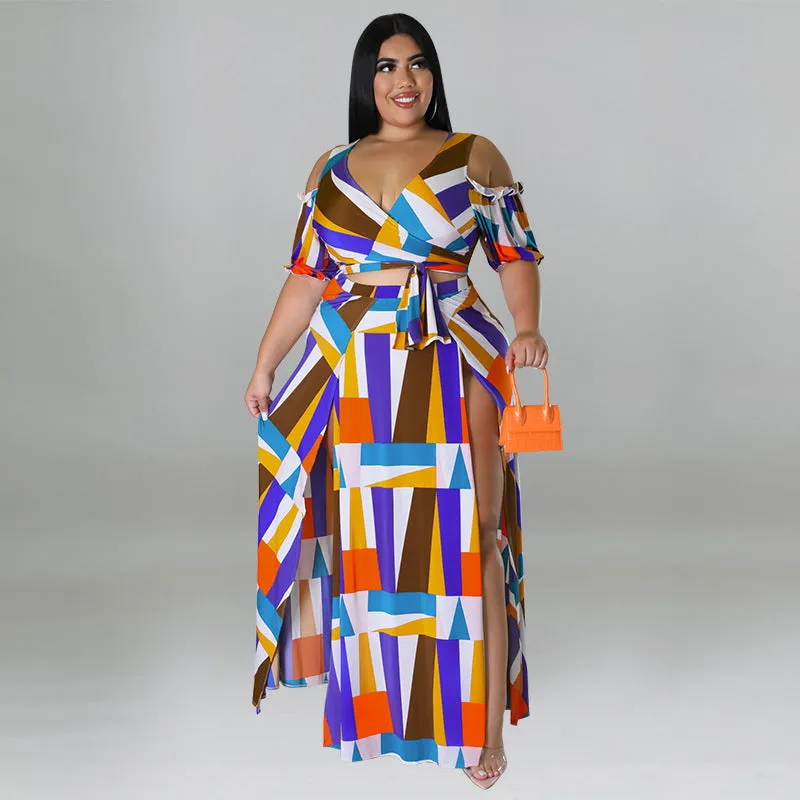 Bold Geometric Print Off-Shoulder Wrap Top and High-Slit Maxi Skirt Set