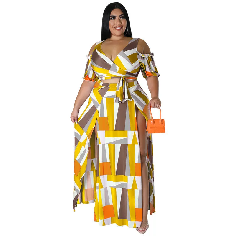 Bold Geometric Print Off-Shoulder Wrap Top and High-Slit Maxi Skirt Set
