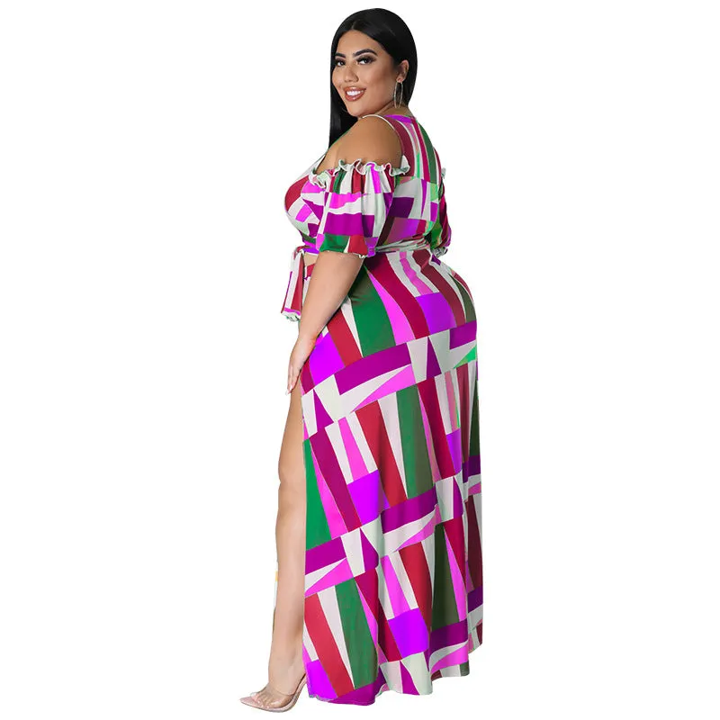 Bold Geometric Print Off-Shoulder Wrap Top and High-Slit Maxi Skirt Set