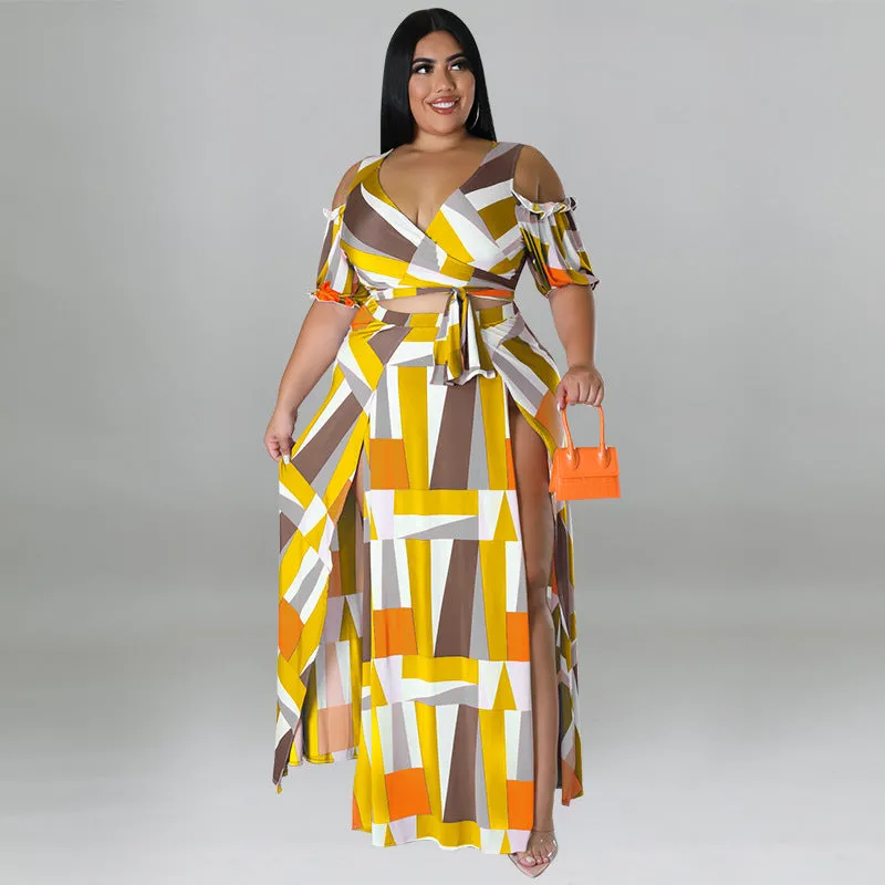Bold Geometric Print Off-Shoulder Wrap Top and High-Slit Maxi Skirt Set