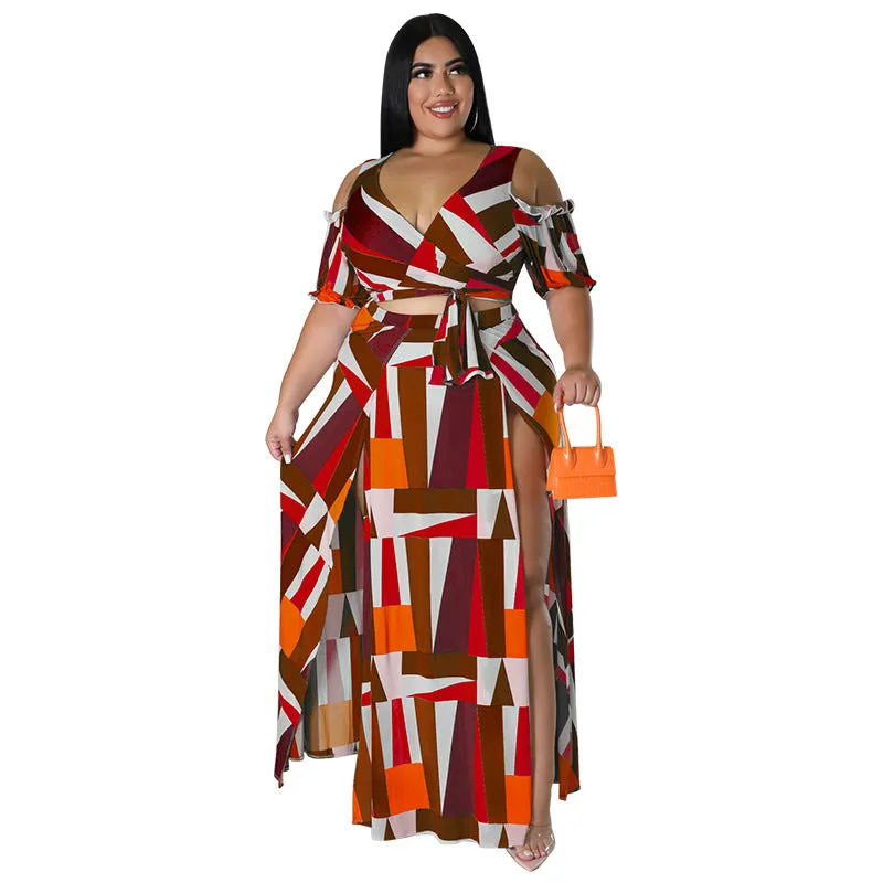 Bold Geometric Print Off-Shoulder Wrap Top and High-Slit Maxi Skirt Set