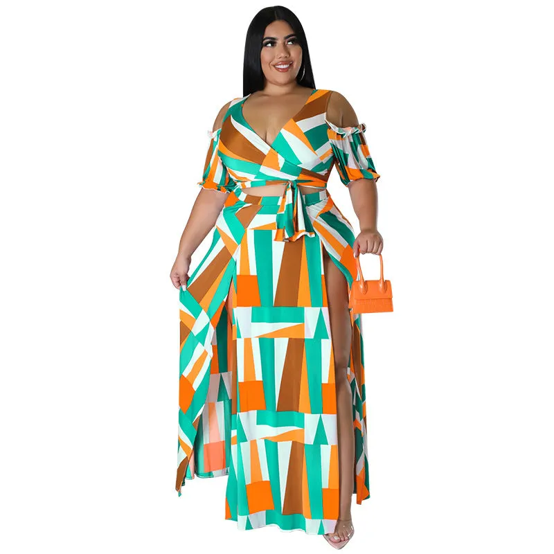 Bold Geometric Print Off-Shoulder Wrap Top and High-Slit Maxi Skirt Set