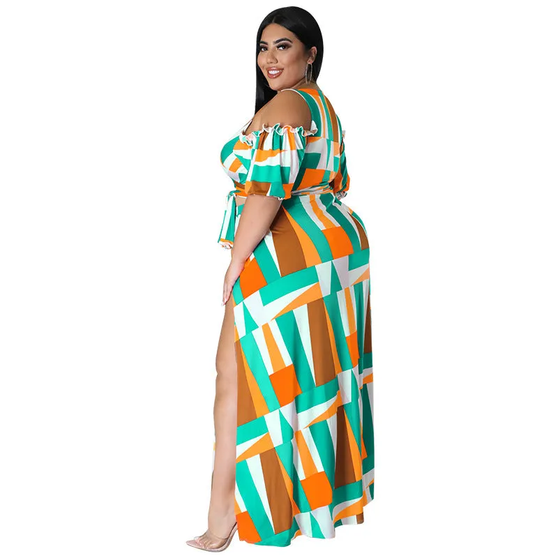 Bold Geometric Print Off-Shoulder Wrap Top and High-Slit Maxi Skirt Set