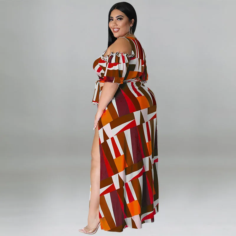 Bold Geometric Print Off-Shoulder Wrap Top and High-Slit Maxi Skirt Set