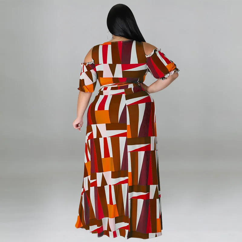 Bold Geometric Print Off-Shoulder Wrap Top and High-Slit Maxi Skirt Set
