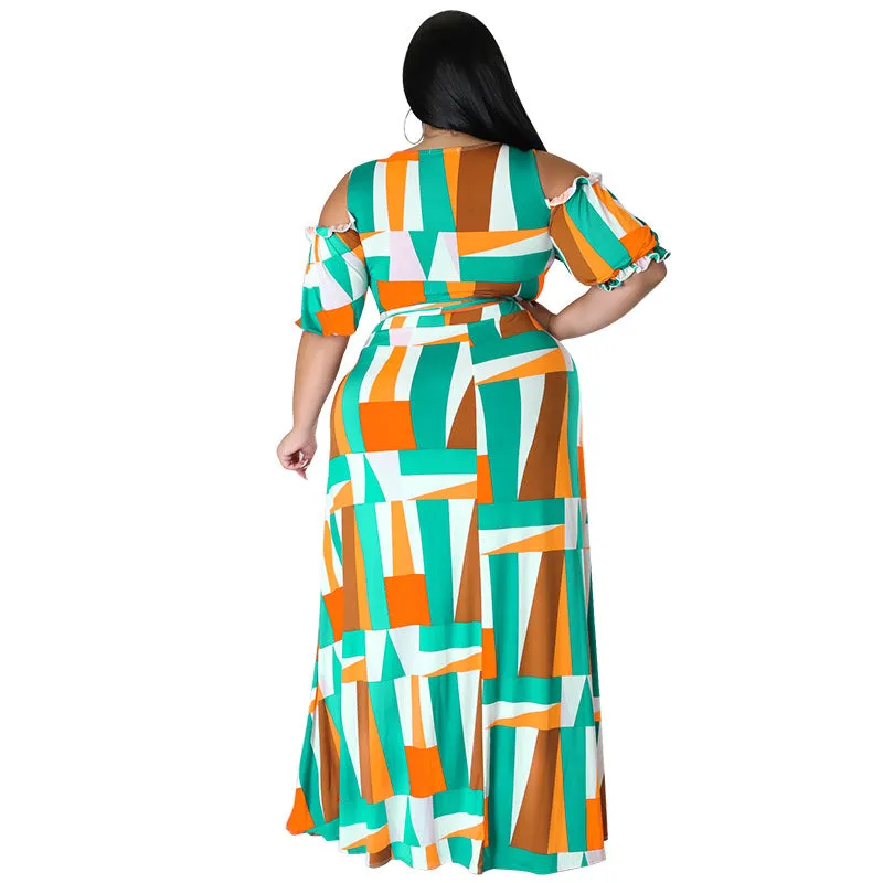 Bold Geometric Print Off-Shoulder Wrap Top and High-Slit Maxi Skirt Set
