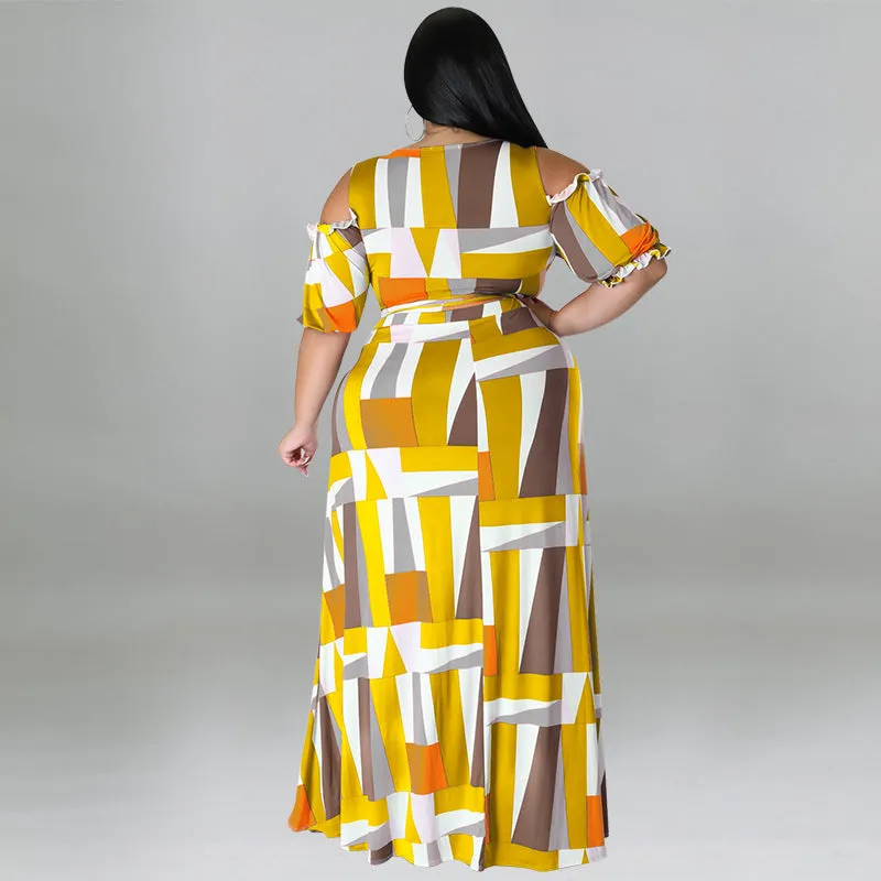 Bold Geometric Print Off-Shoulder Wrap Top and High-Slit Maxi Skirt Set