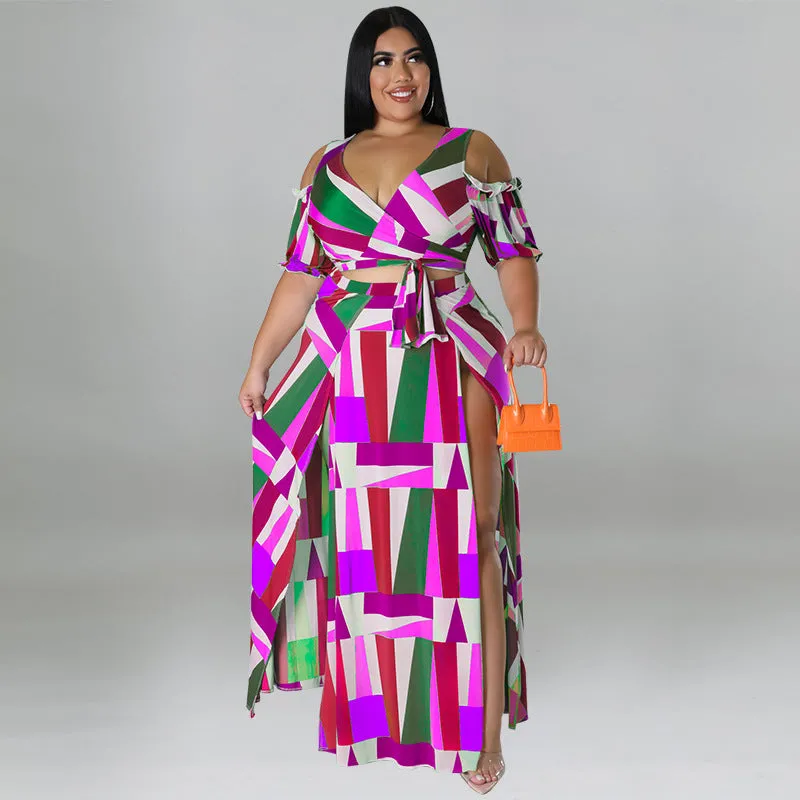 Bold Geometric Print Off-Shoulder Wrap Top and High-Slit Maxi Skirt Set
