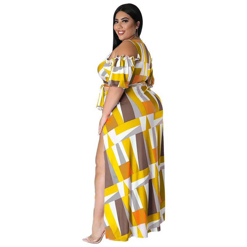 Bold Geometric Print Off-Shoulder Wrap Top and High-Slit Maxi Skirt Set