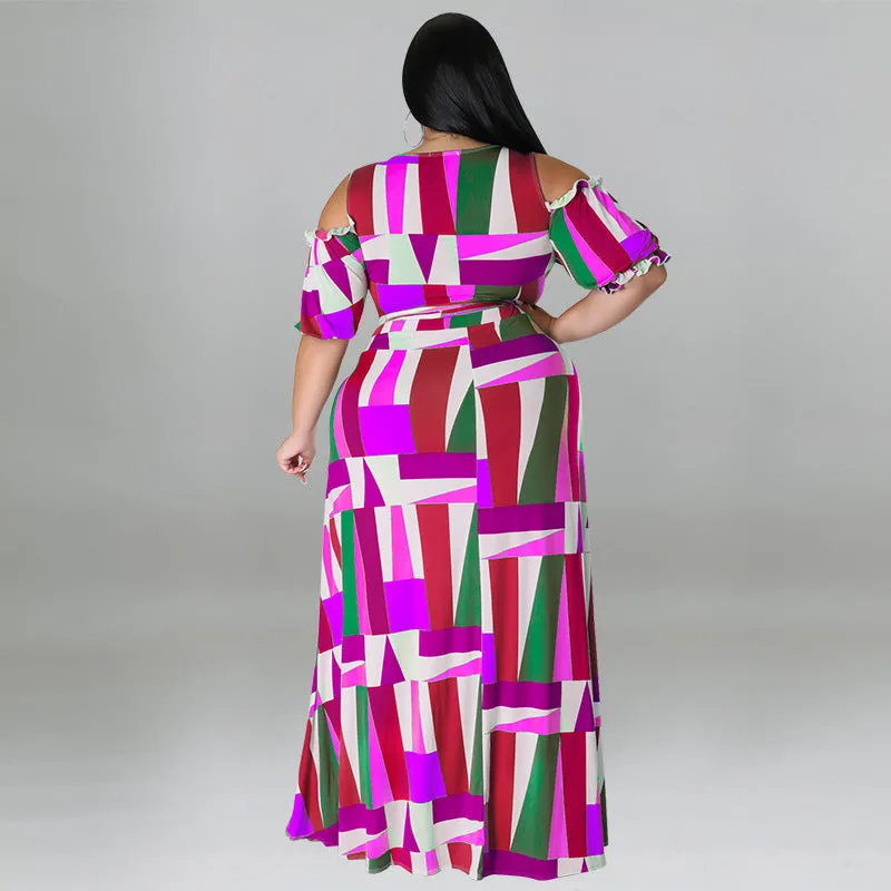 Bold Geometric Print Off-Shoulder Wrap Top and High-Slit Maxi Skirt Set